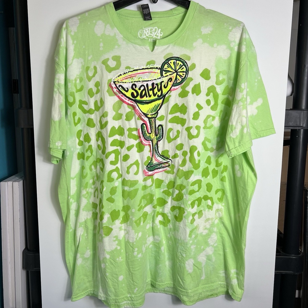 One24 Rags Salty Margarita Graphic Tee 3XL Lime Green Bleach Leopard Print Shirt